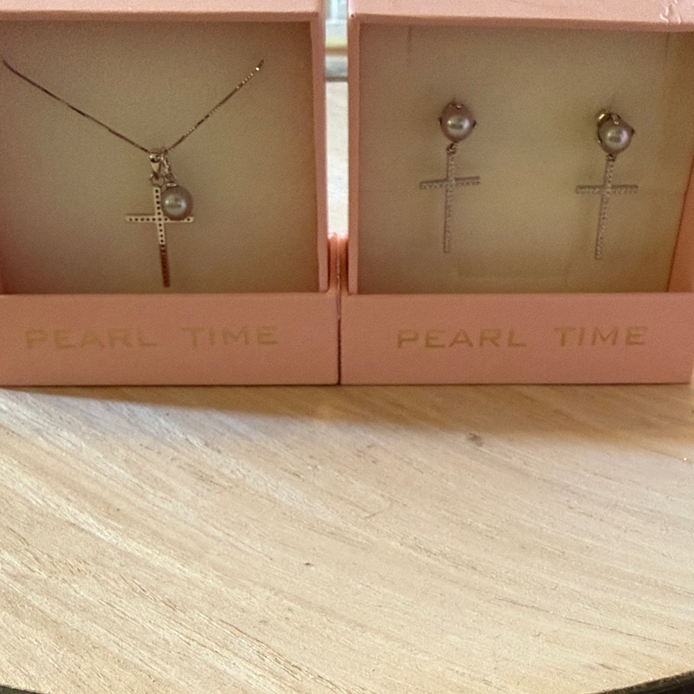 Silver Cross Necklace and Earring Set